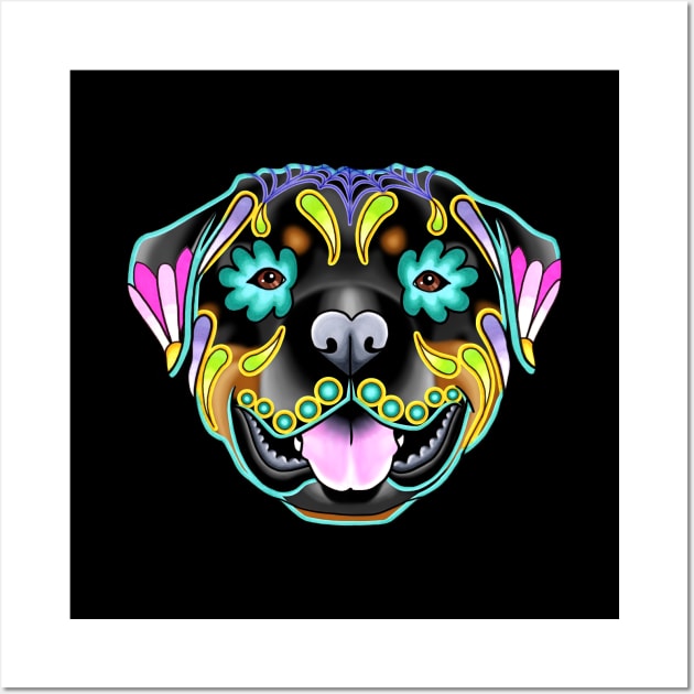 Rottweiler - Day of the Dead Sugar Skull Dog Wall Art by prettyinink